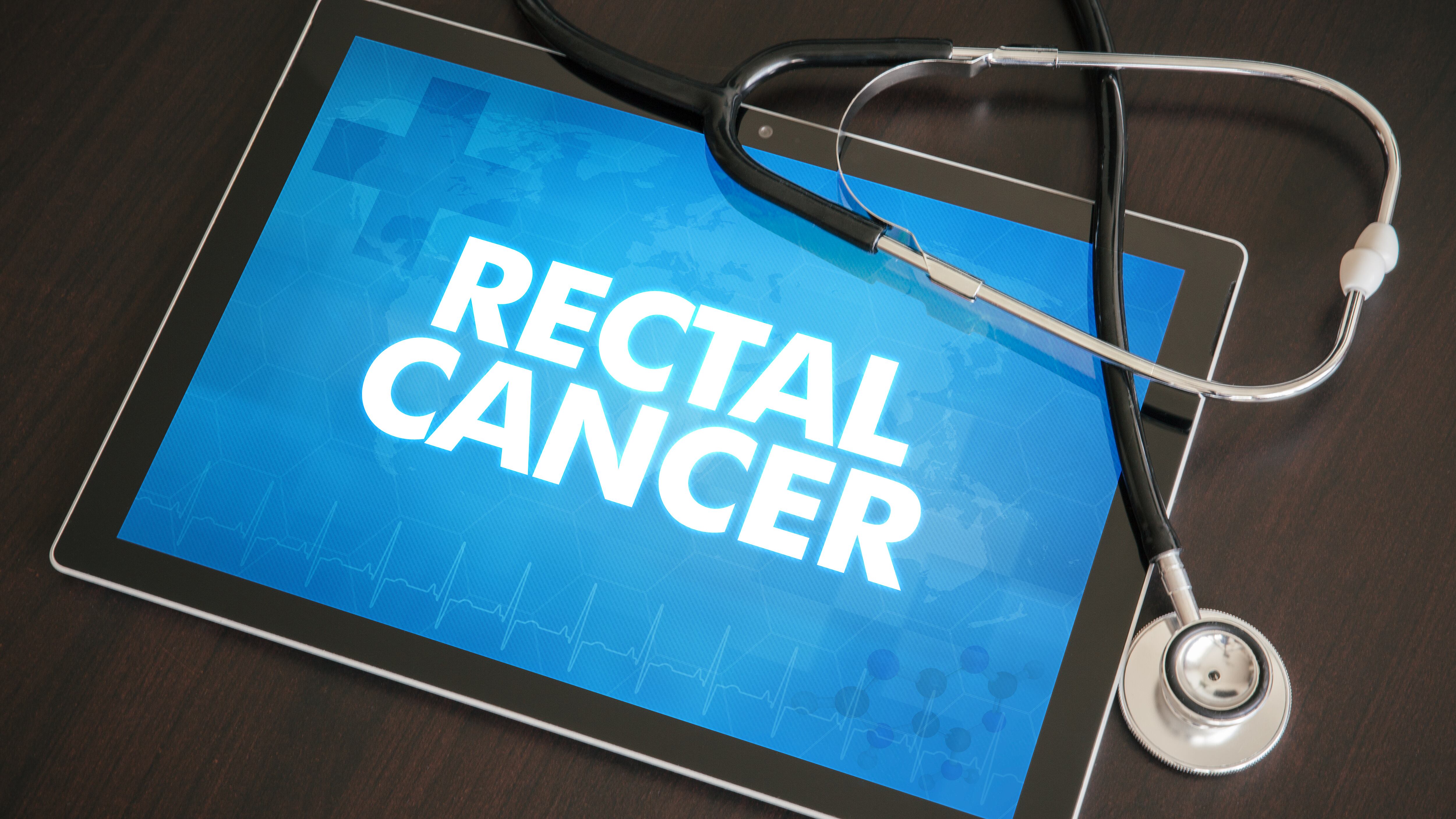 Rectal cancer (cancer type) diagnosis medical concept on tablet screen with stethoscope.