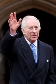 WINDSOR, ENGLAND - MARCH 31: King Charles III waves as he leaves after attending the Easter Mattins Service at at St. George's Chapel, Windsor Castle on March 31, 2024 in Windsor, England. (Photo by Hollie Adams - WPA Pool/Getty Images)