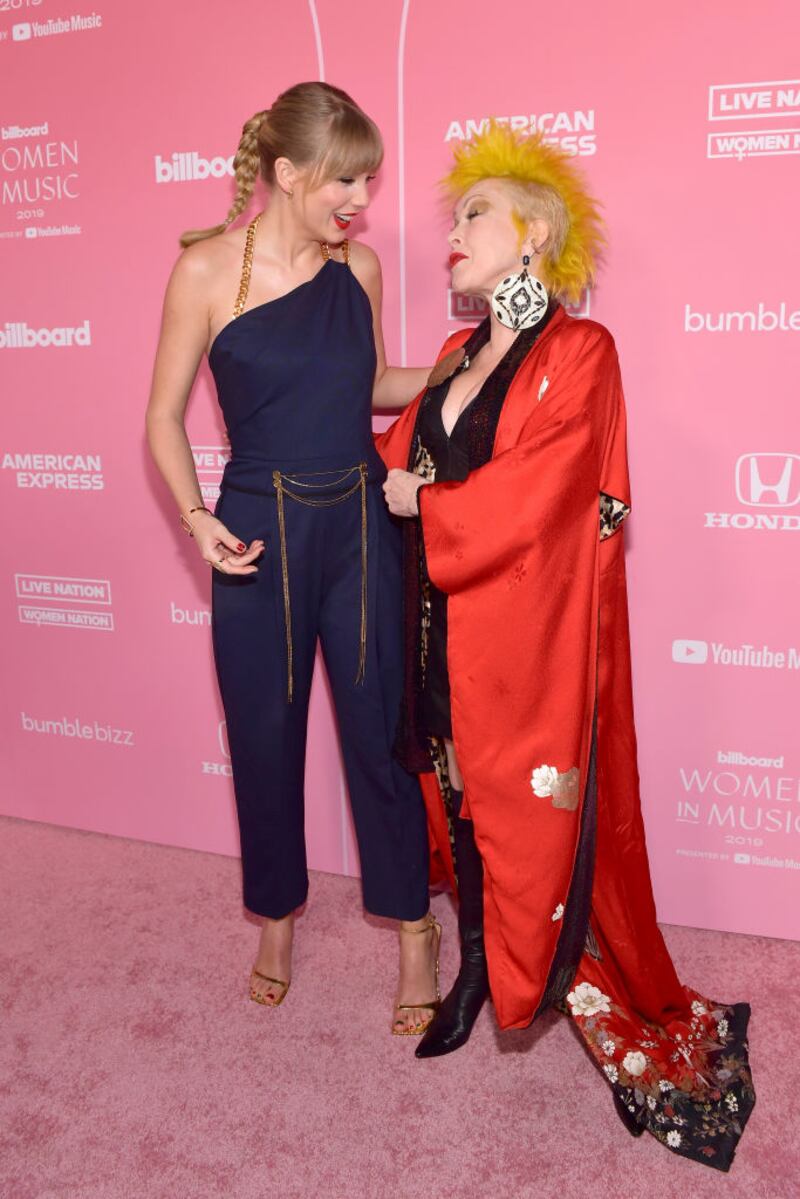 LOS ANGELES, CALIFORNIA - DECEMBER 12: (L-R) Taylor Swift and Cyndi Lauper attend Billboard Women In Music 2019, presented by YouTube Music, on December 12, 2019 in Los Angeles, California. (Photo by Matt Winkelmeyer/Getty Images for Billboard)